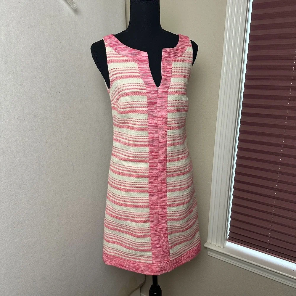 Trina Turk Pink Striped Sleeveless Split Neck Shift Dress TD133015 Made in USA